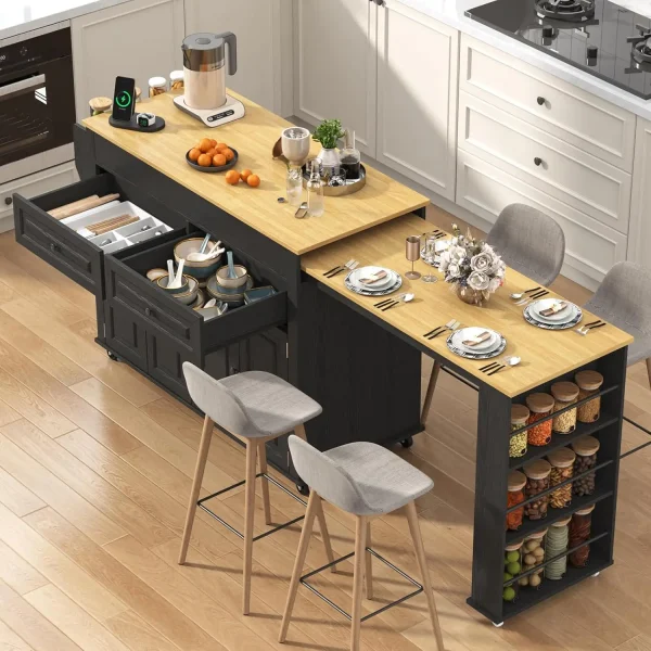 Extendable Kitchen Island Dining Table Storage