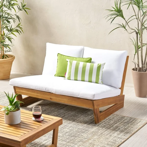 Outdoor Acacia Wood Loveseat White Cushions