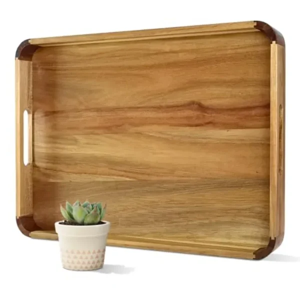 Wood Serving Ottoman Decor Tray with Handles