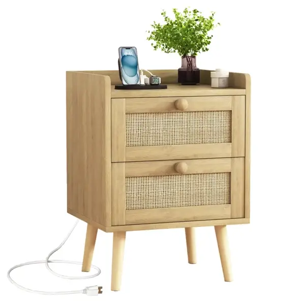 Rattan Nightstand with Charging Station