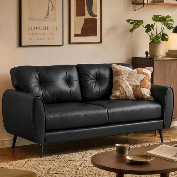 61 Inch Black Faux Leather Loveseat